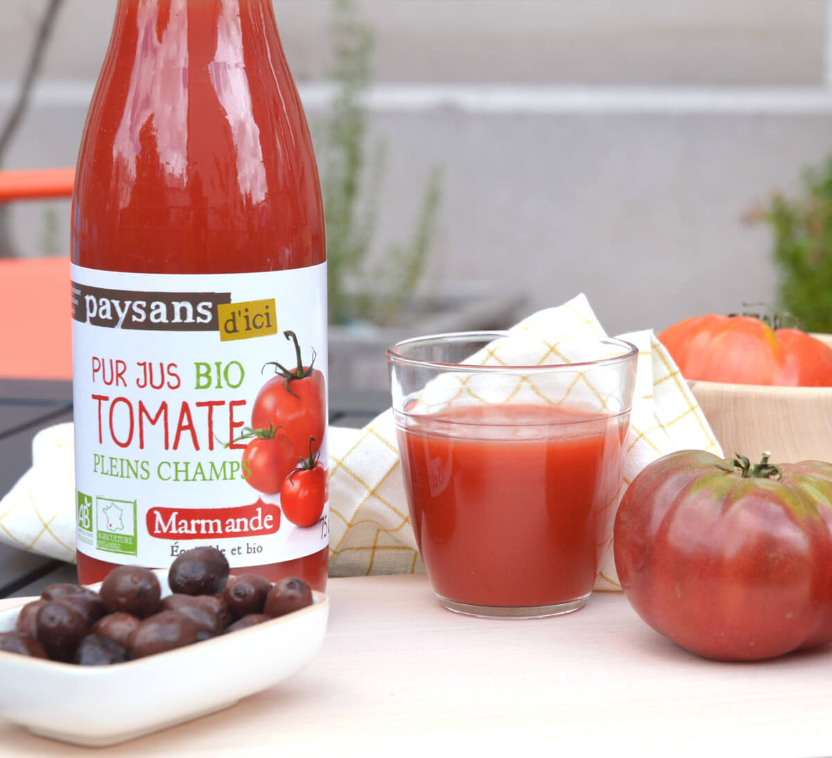 Paysans d'Ici - bouteille pur jus de tomate bio et équitables plein champs de Marmande