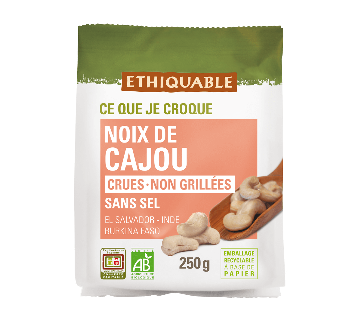 Noix de cajou bio, grillées à sec sans sel - Commerce Equitable