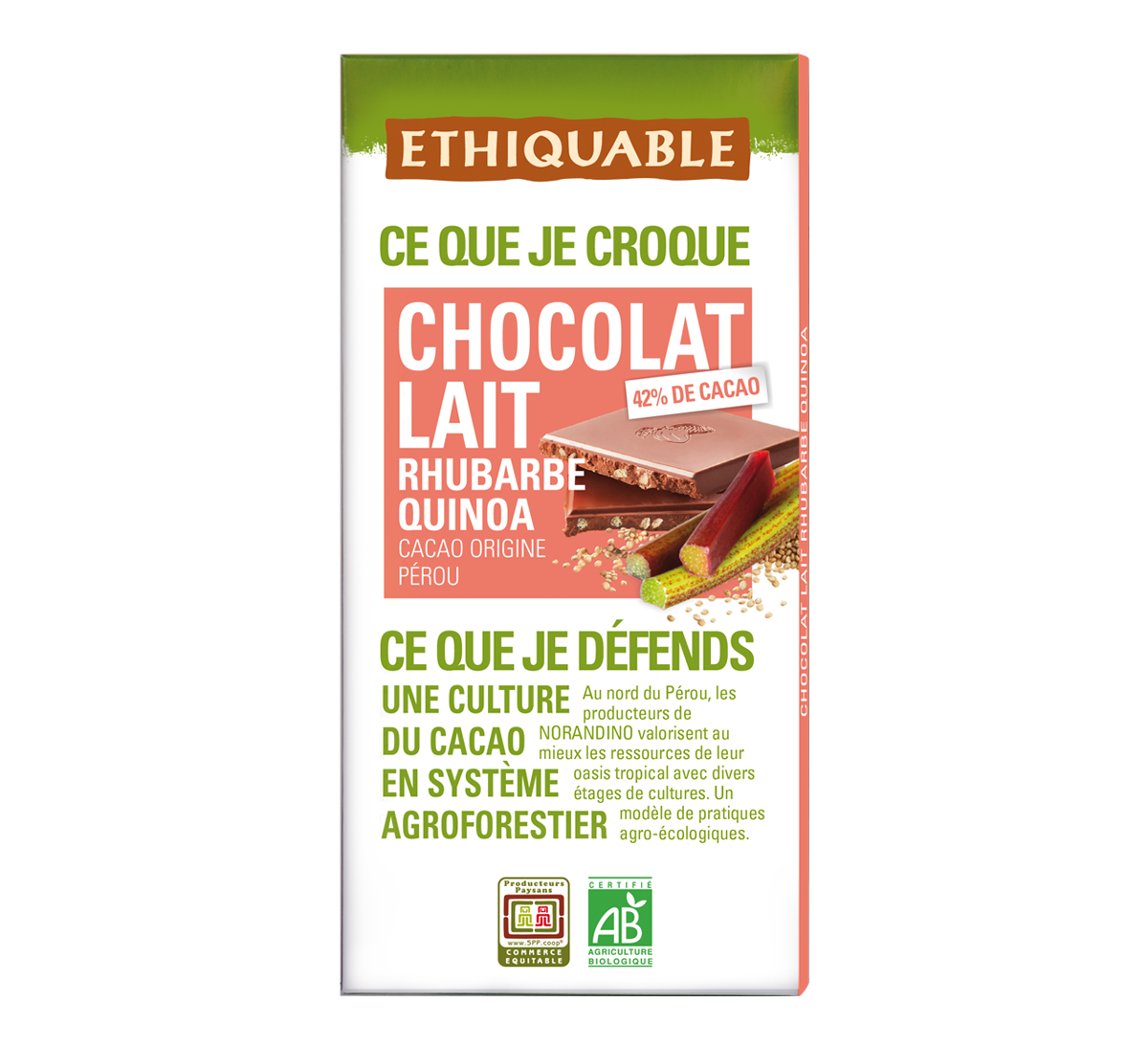 Ethiquable - Chocolat au lait bio 42% cacao Rhubarbe Quinoa issu du Commerce Equitable Ethiquable - Chocolat au lait bio 42% cacao Rhubarbe Quinoa issu du Commerce Equitable