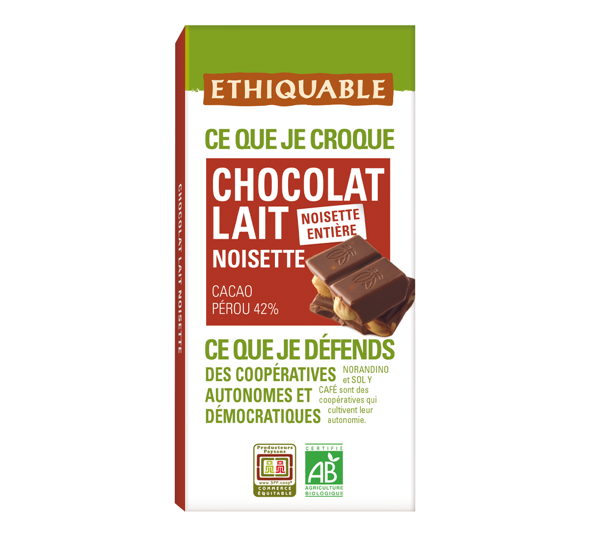 Ethiquable - Chocolat lait bio 42% Noisettes entières issu du Commerce Equitable