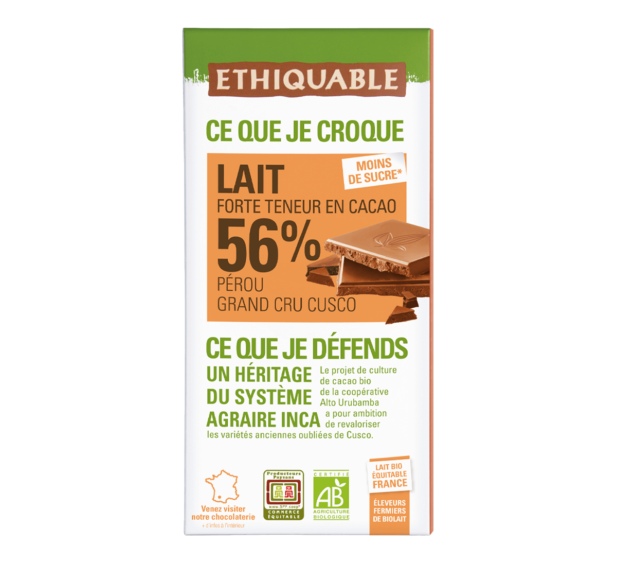 Ethiquable - Chocolat lait bio 56% cacao du Pérou issu du Commerce Equitable