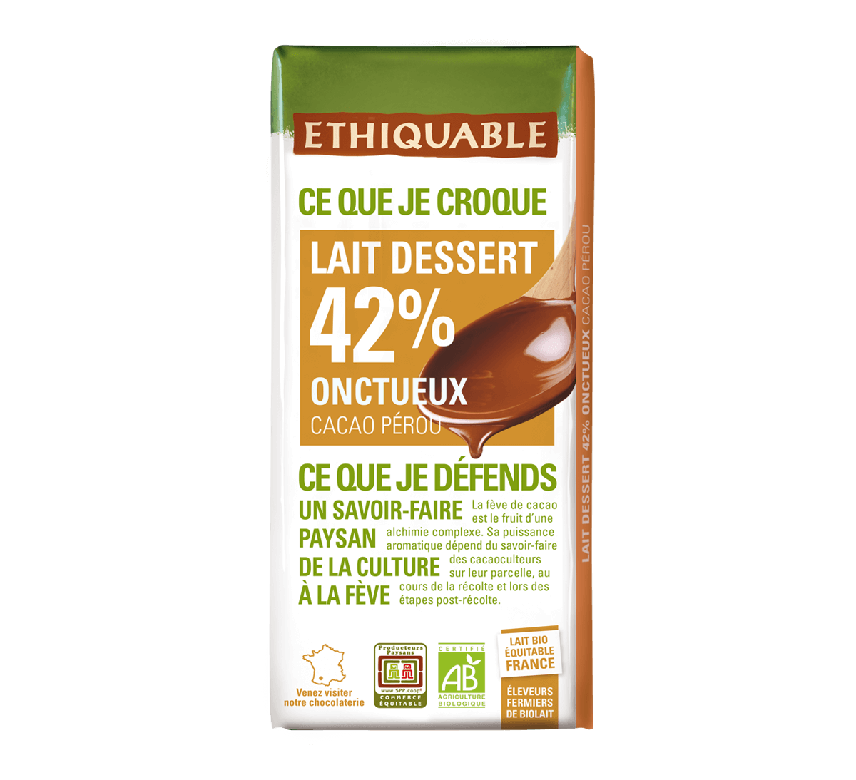 Ethiquable : Chocolat lait dessert onctueux 42% bio et issu du Commerce Equitable