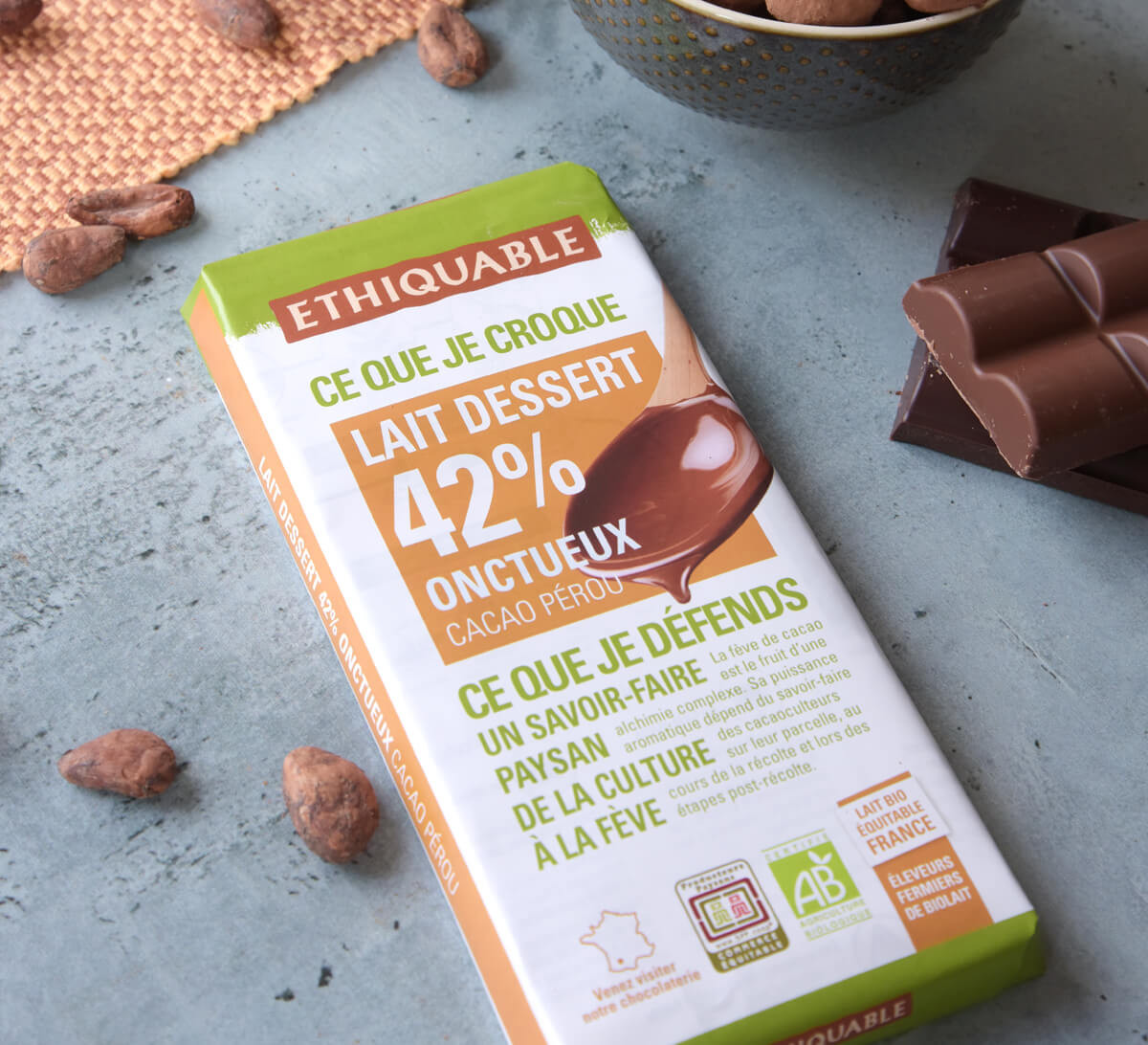 Ethiquable : Chocolat lait dessert onctueux 42% bio et issu du Commerce Equitable