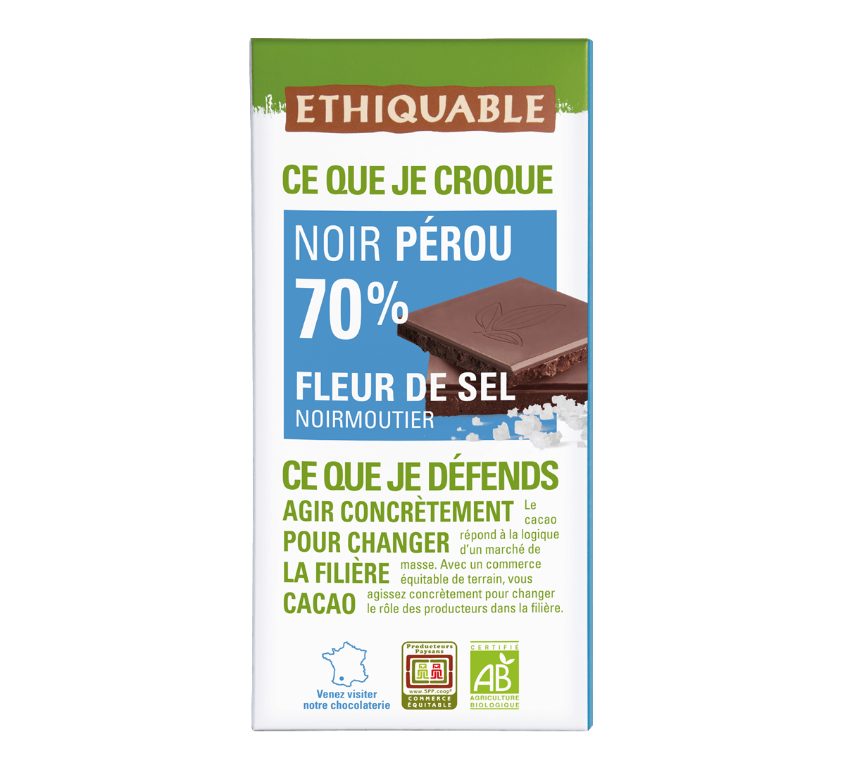 Ethiquable - tablette chocolat noir 70 % bio à la Fleur de sel de Noirmoutier issu du Commerce Equitable