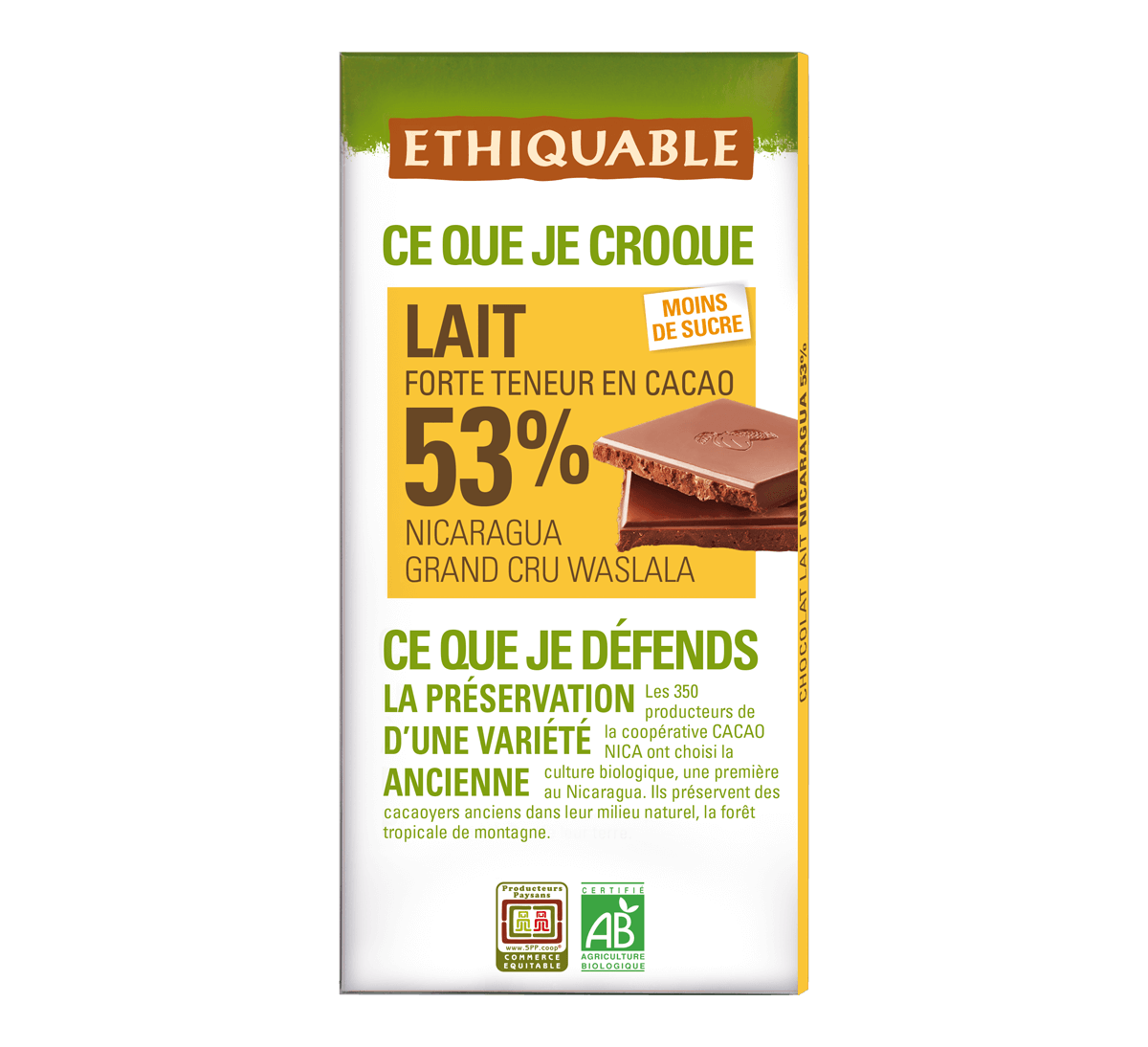 Ethiquable - Chocolat lait bio 53% cacao Nicaragua issu du Commerce Equitable