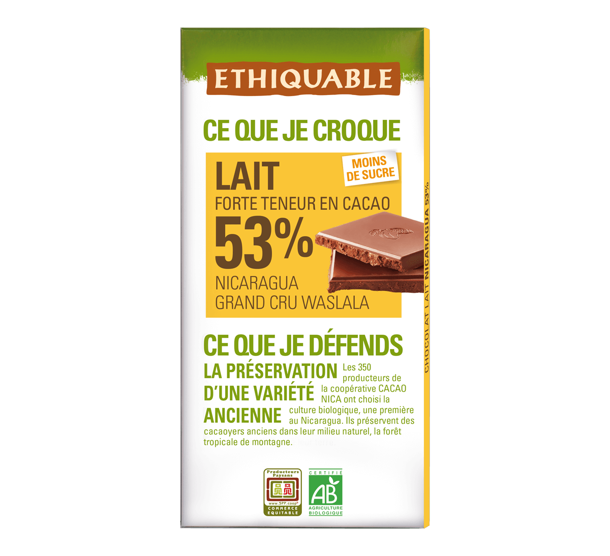 Ethiquable - Chocolat lait bio 53% cacao Nicaragua issu du Commerce Equitable Ethiquable - Chocolat lait bio 53% cacao Nicaragua issu du Commerce Equitable