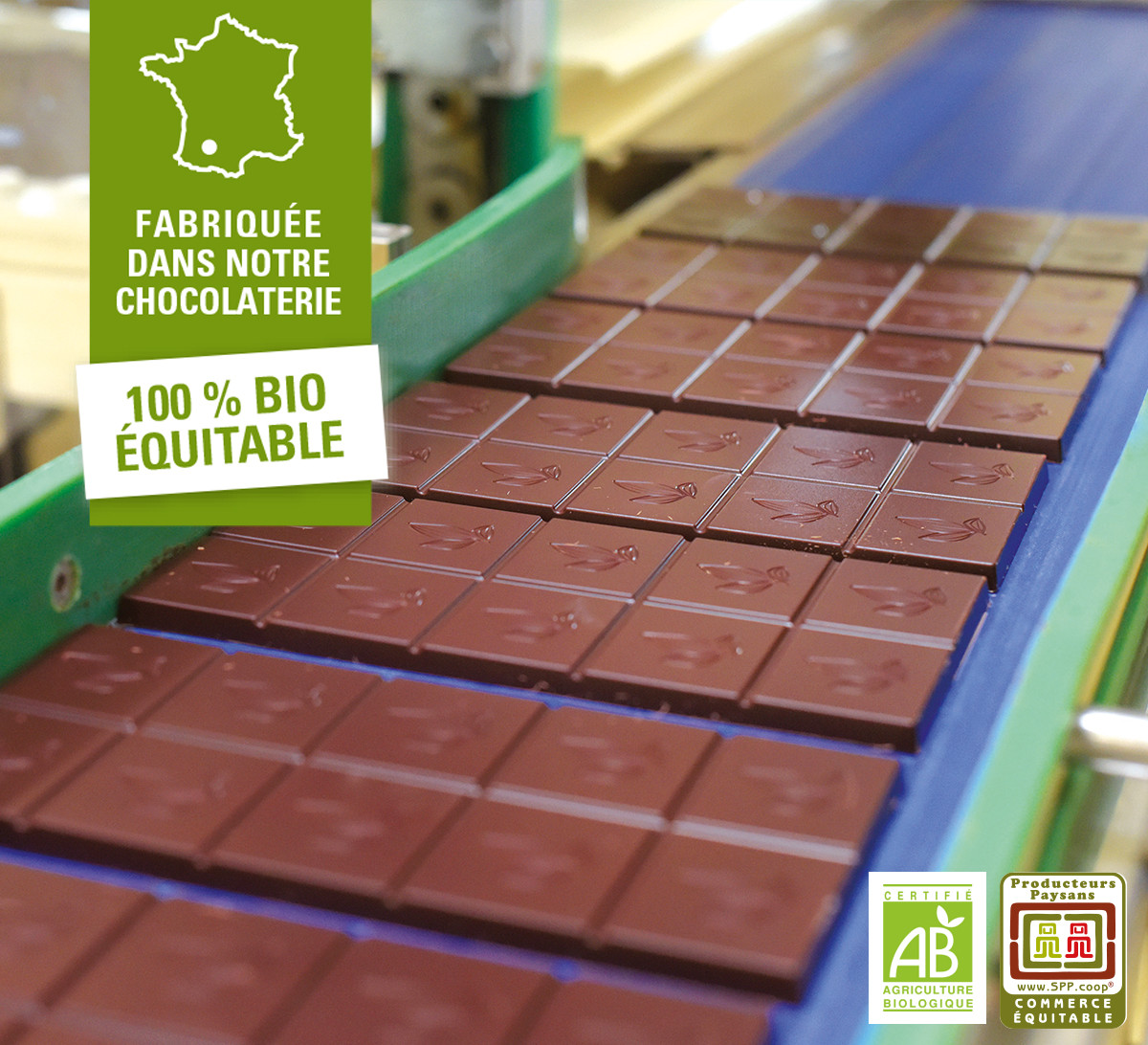 Tablette est fabriquée dans notre chocolaterie équitable et bio dans le Gers Tablette est fabriquée dans notre chocolaterie équitable et bio dans le Gers