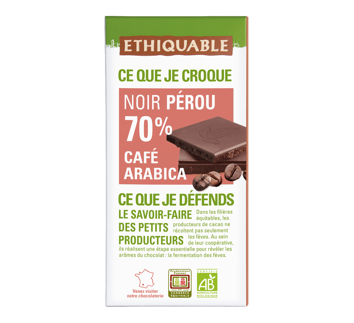 Ethiquable - Chocolat noir 70% de cacao bio au café arabica issu du Commerce équitable