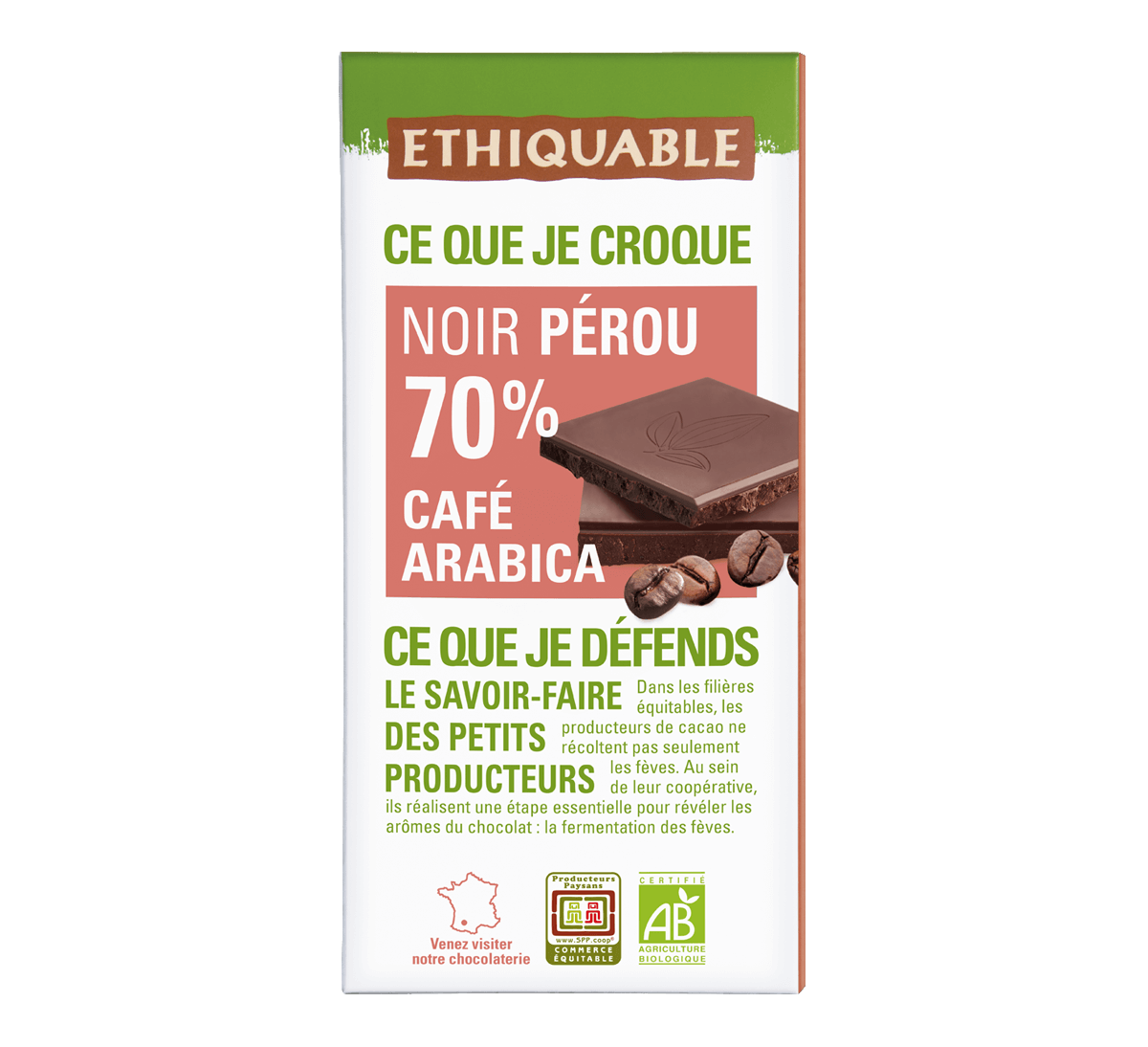 Chocolat noir 70% bio café arabica issu du Commerce équitable