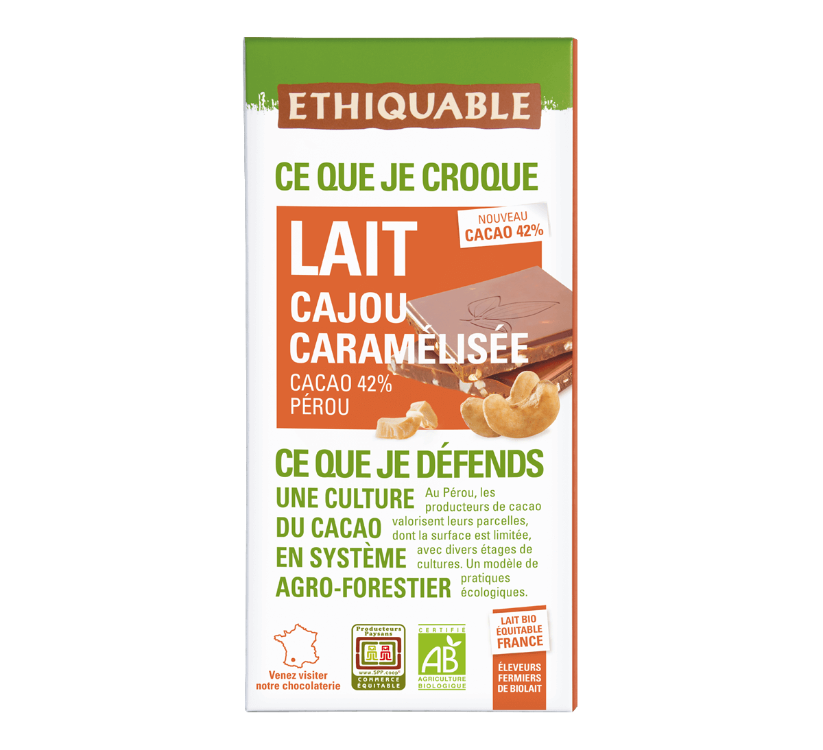 Ethiquable - Chocolat au lait français bio Cajou caramélisée issu du Commerce Equitable