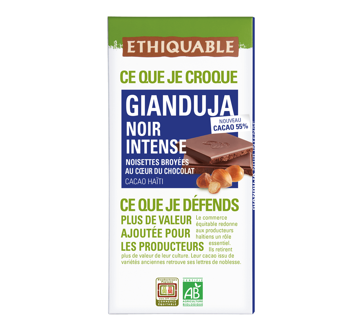 Ethiquable - Chocolat Gianduja bio intense 55% Haïti issu du Commerce Equitable