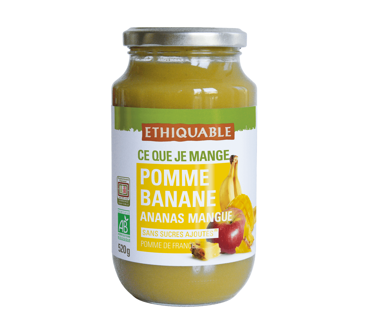 Ethiquable - Purée bio Pomme Banane Ananas Mangue en bocal issue du Commerce Equitable
