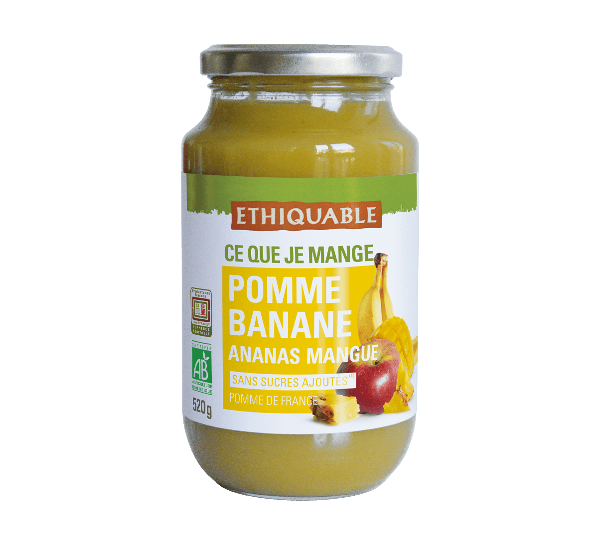 Ethiquable - Purée bio Pomme Banane Ananas Mangue en bocal issue du Commerce Equitable Ethiquable - Purée bio Pomme Banane Ananas Mangue en bocal issue du Commerce Equitable
