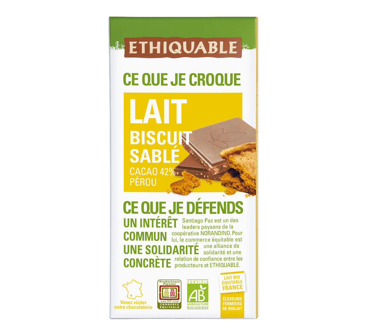 Ethiquable - Chocolat au lait bio 42% cacao avec Biscuit sablé Commerce Equitable, fabriqué en France