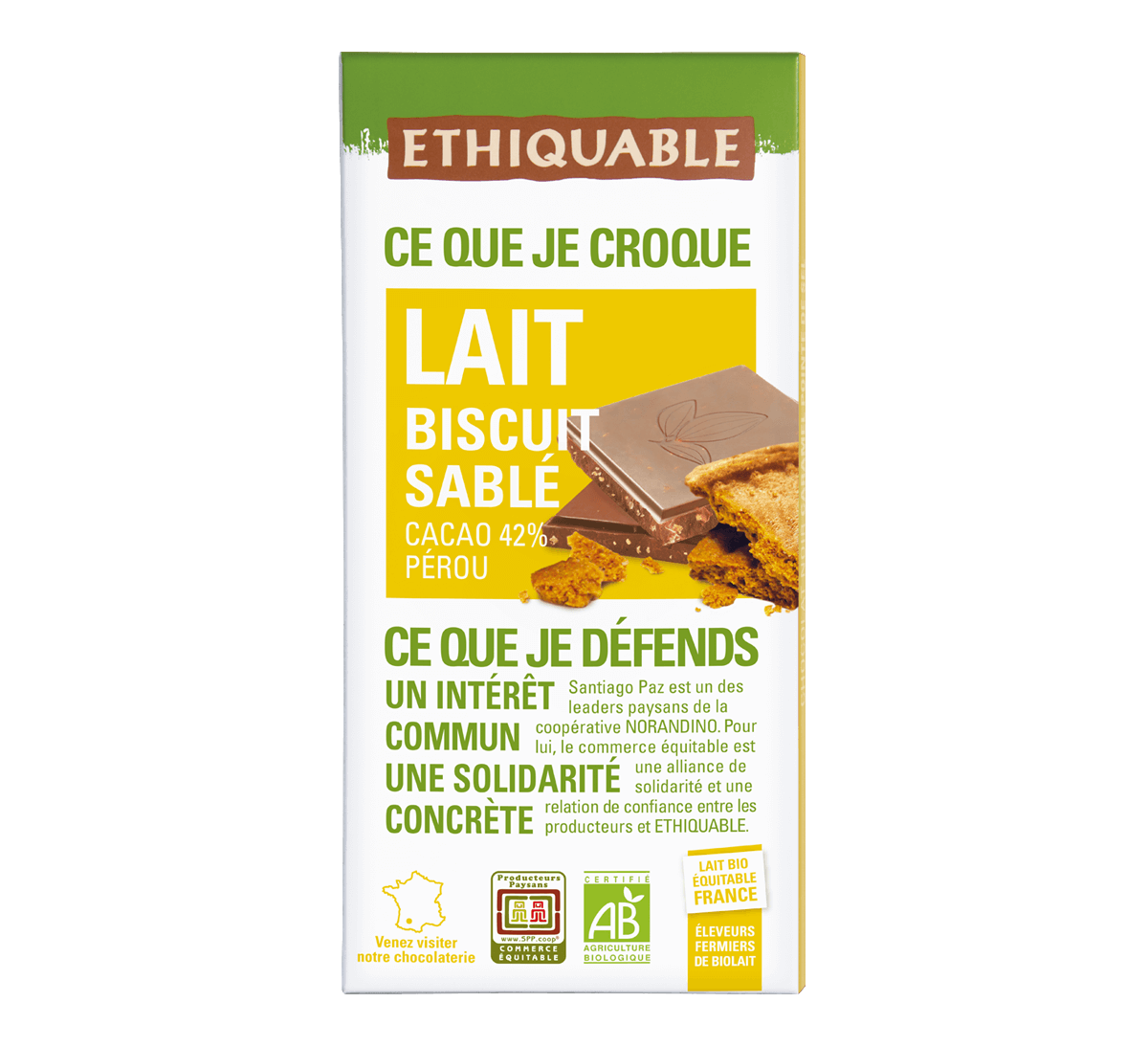 Ethiquable - Chocolat au lait bio 42% cacao avec Biscuit sablé Commerce Equitable, fabriqué en France Ethiquable - Chocolat au lait bio 42% cacao avec Biscuit sablé Commerce Equitable, fabriqué en France