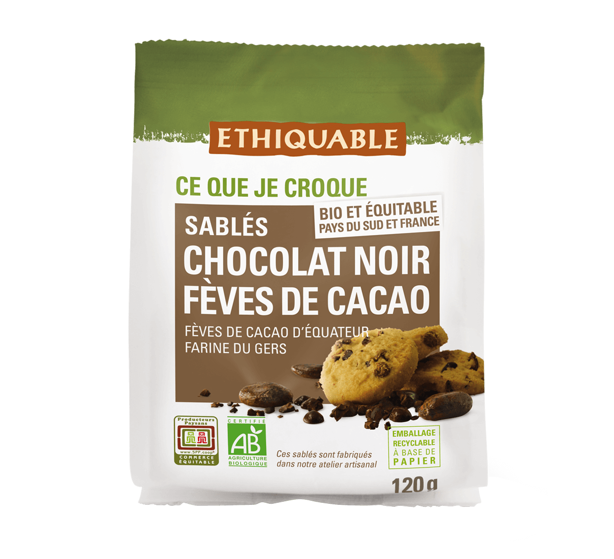 Ethiquable - Sablés bio au chocolat noir et aux fèves de cacao issus du Commerce équitable