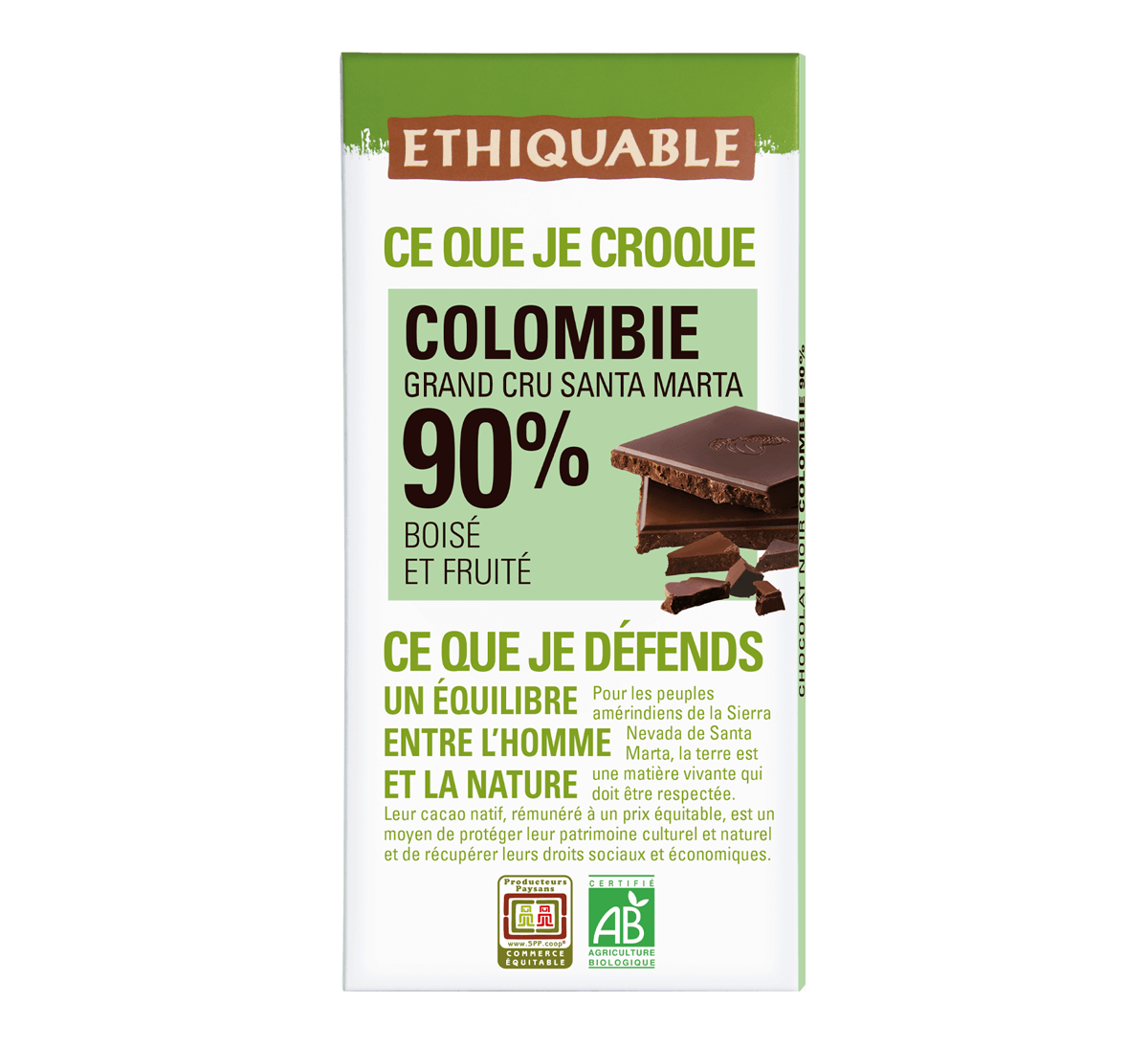 Ethiquable - Chocolat noir bio 90% de cacao de Colombie issu du Commerce Equitable Ethiquable - Chocolat noir bio 90% de cacao de Colombie issu du Commerce Equitable