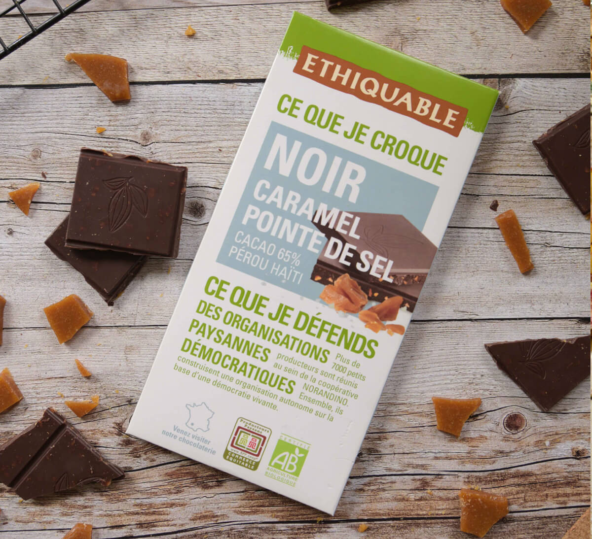 Ethiquable - Chocolat noir bio Caramel Pointe de sel issu du Commerce Equitable fabriqué dans le Gers