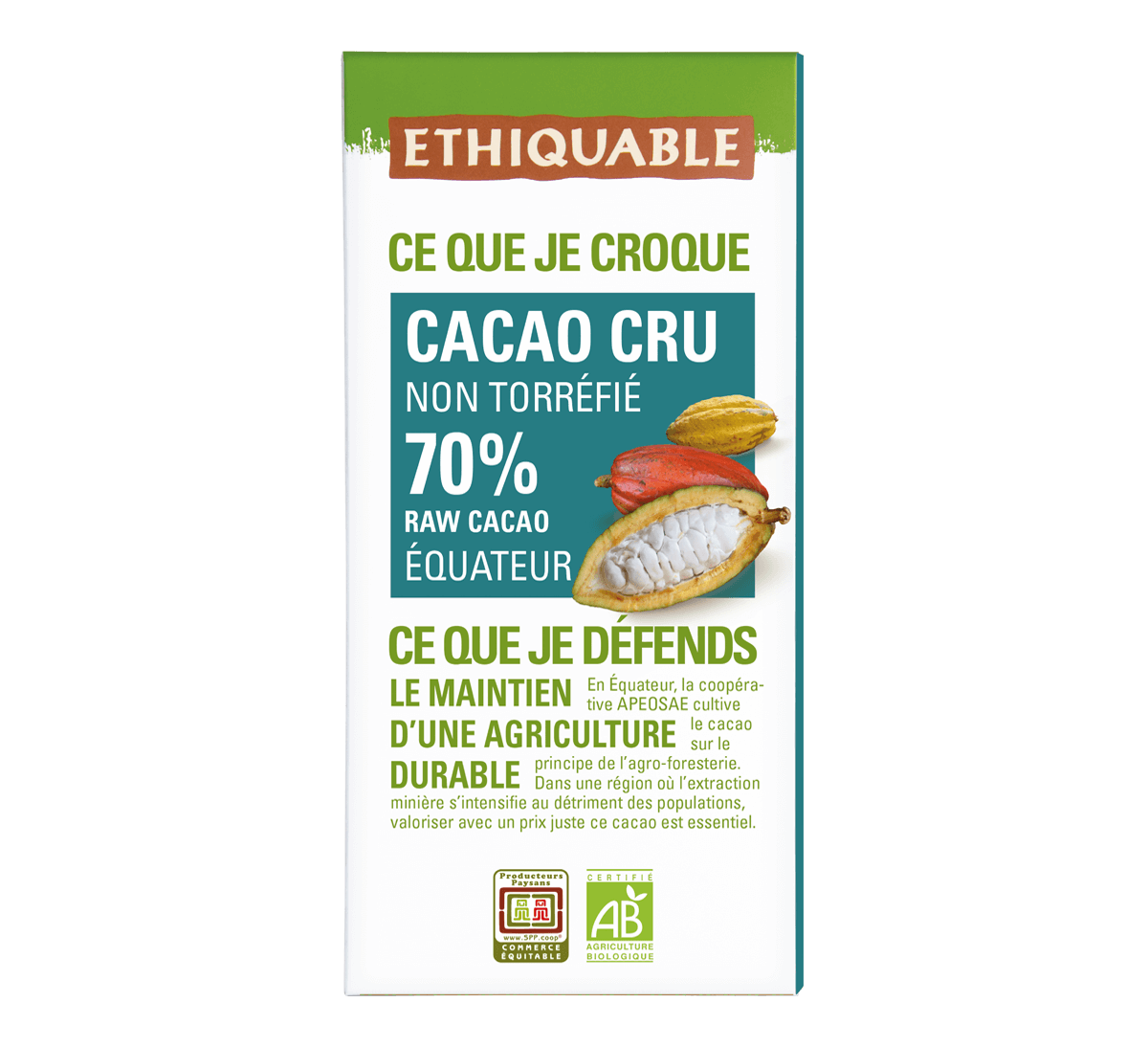 Ethiquable - Cacao cru bio non torréfié 70% de cacao d'Equateur issu du Commerce équitable