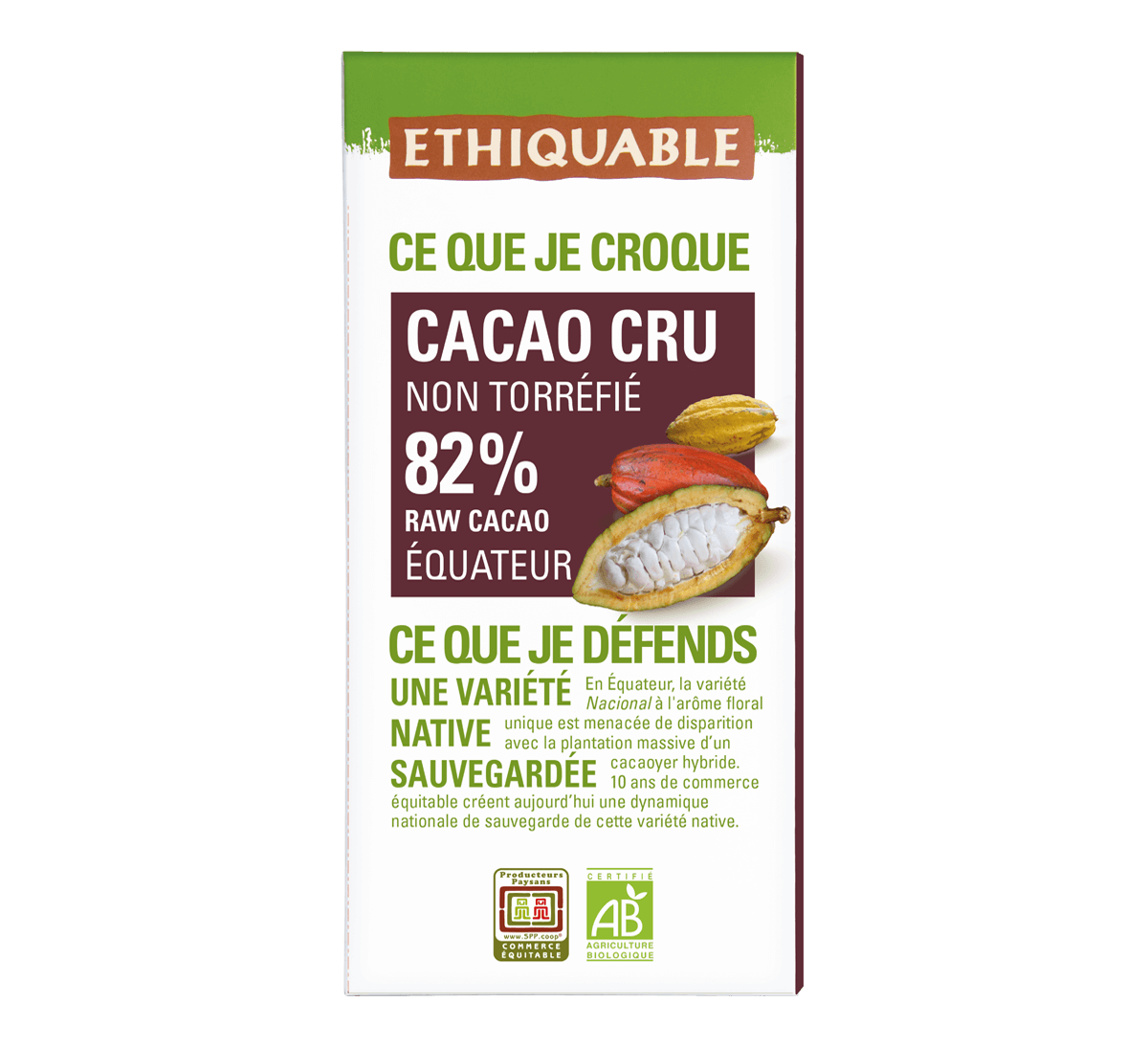 Chocolat noir bio 82% cacao cru issu du Commerce Equitable I Ethiquable