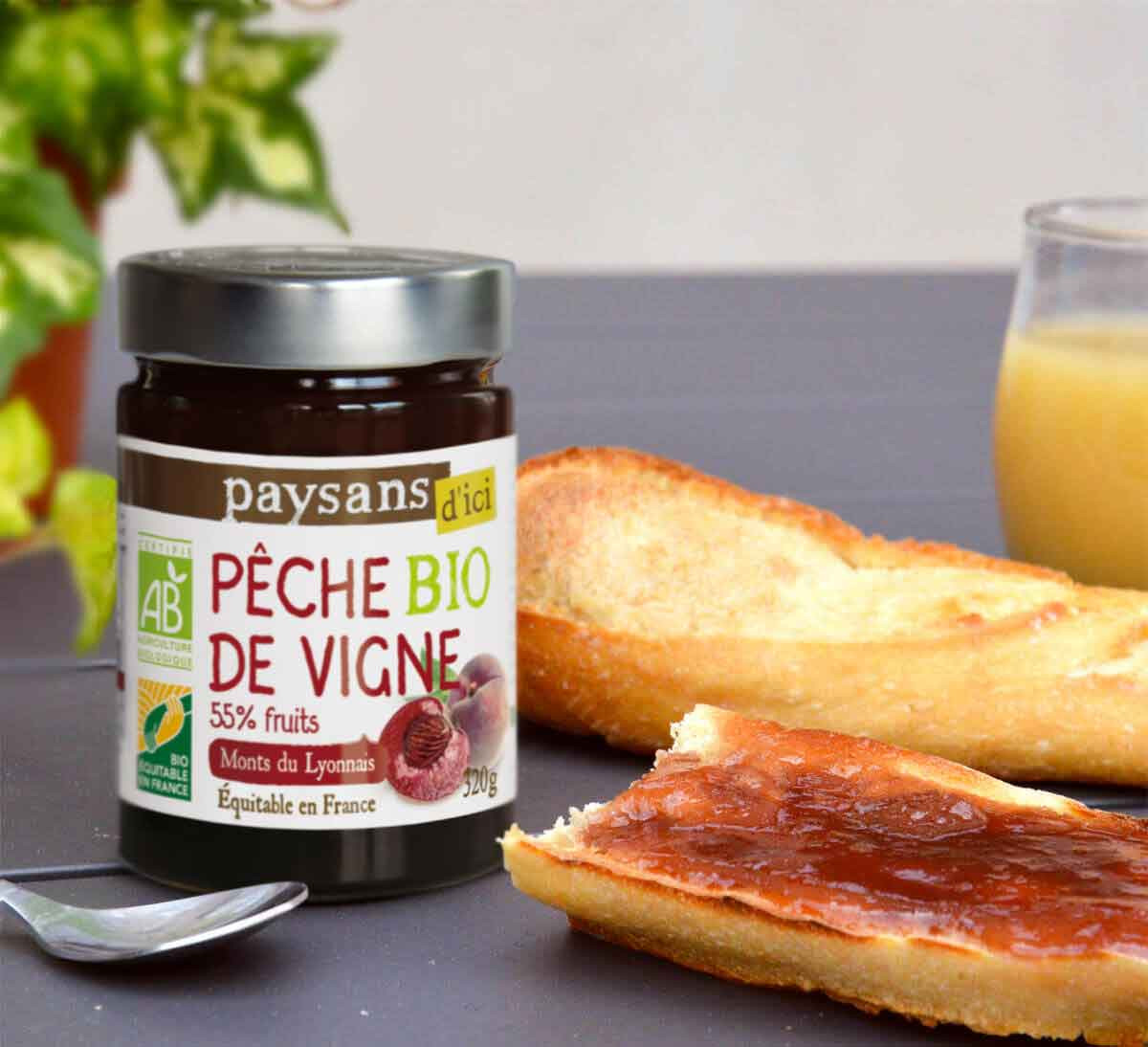 Paysans d'ici - Confiture de pêche de vigne bio et équitable des Monts Lyonnais