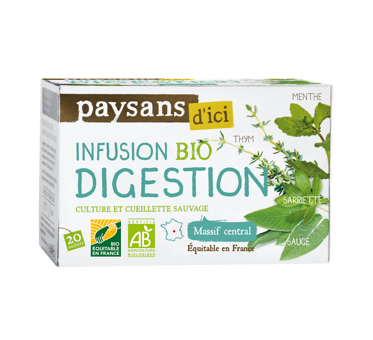 Infusion digestion (Menthe, thym, sarriette, sauge) bio du Massif Central et issue du Commerce équitable Infusion digestion (Menthe, thym, sarriette, sauge) bio du Massif Central et issue du Commerce équitable