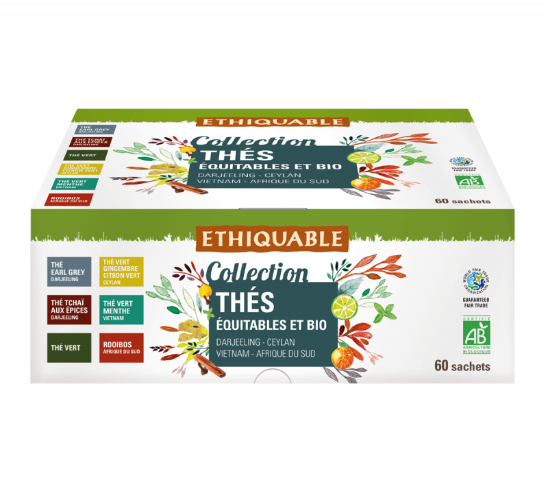 Collection Thés équitables et bio - coffret 60 sachets thés verts et noirs Darjeeling/Ceylan/Vietnam
