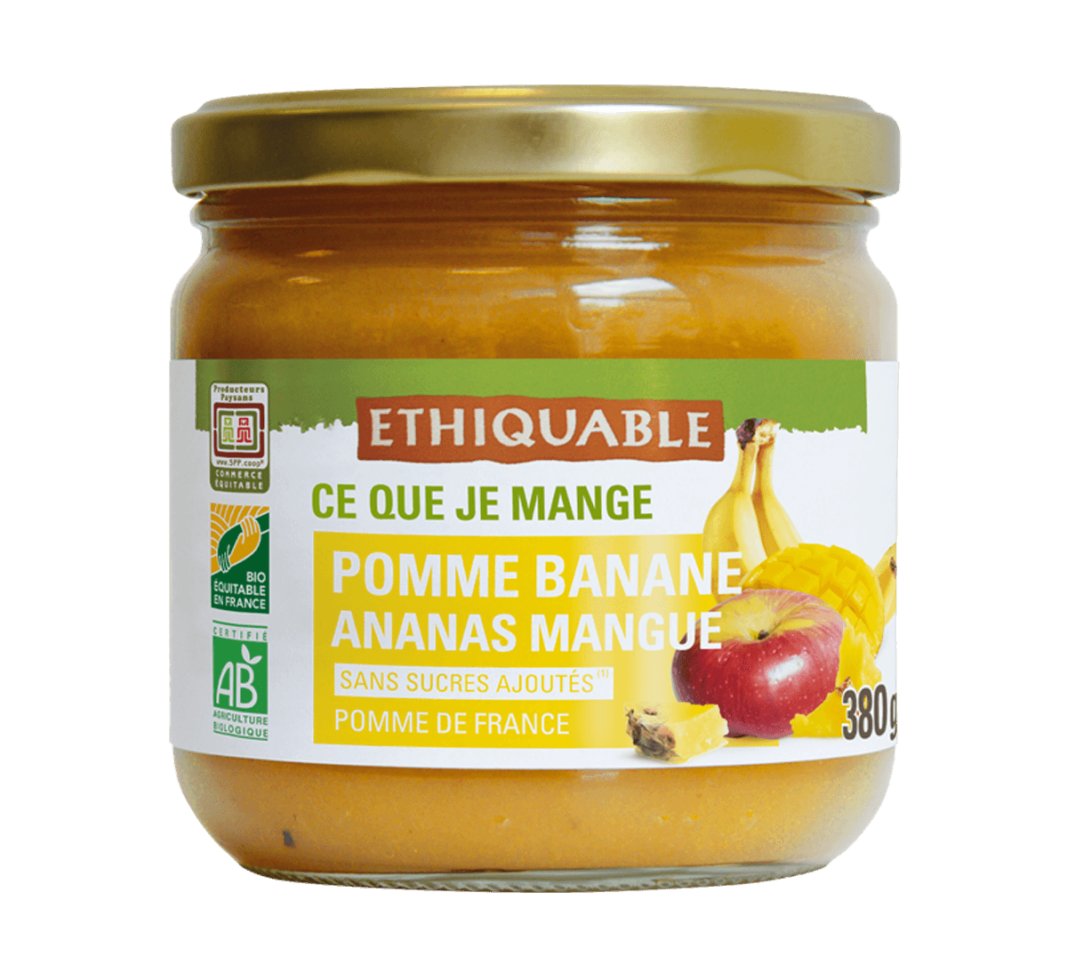 Ethiquable - Purée bio Pomme Banane Ananas Mangue en bocal issue du Commerce Equitable