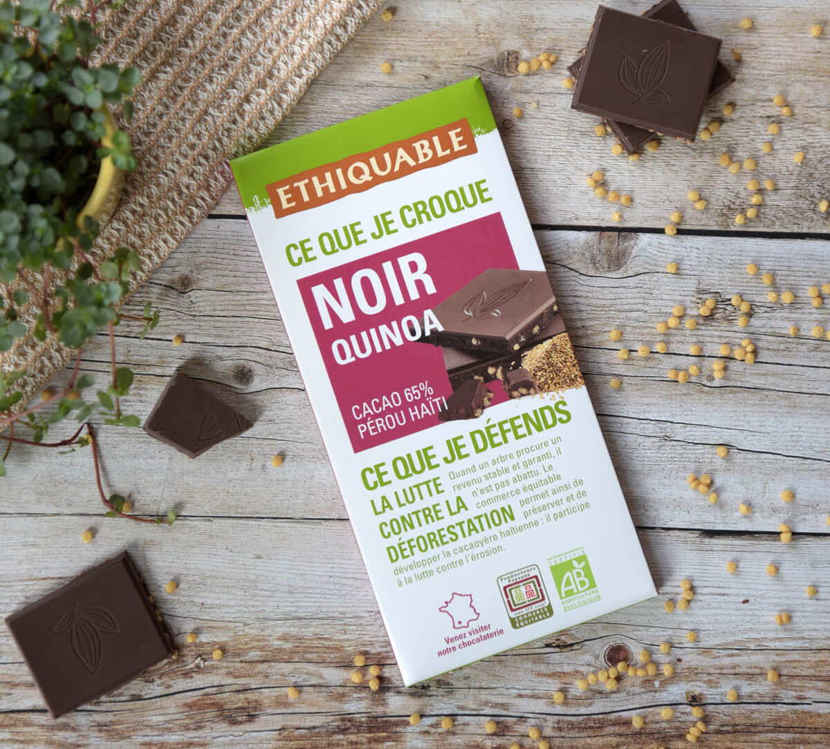 Ethiquable - Chocolat noir bio au Quinoa issu du Commerce Equitable. Tablette fabriquée dans le Gers.
