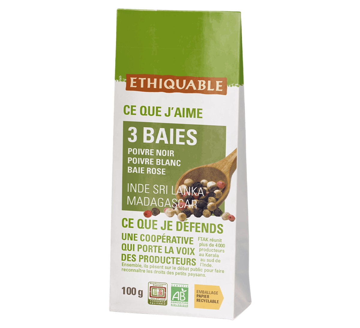 Ethiquable - Mélange de poivres recharge 3 baies bio et issues du commerce équitable