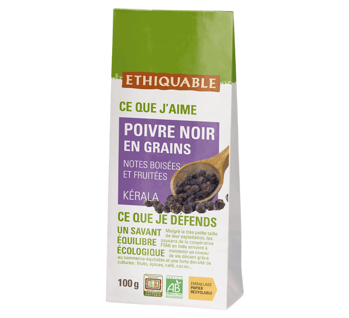 Ethiquable - recharge pour poivre noir bio en grains d'Inde issu du commerce équitable