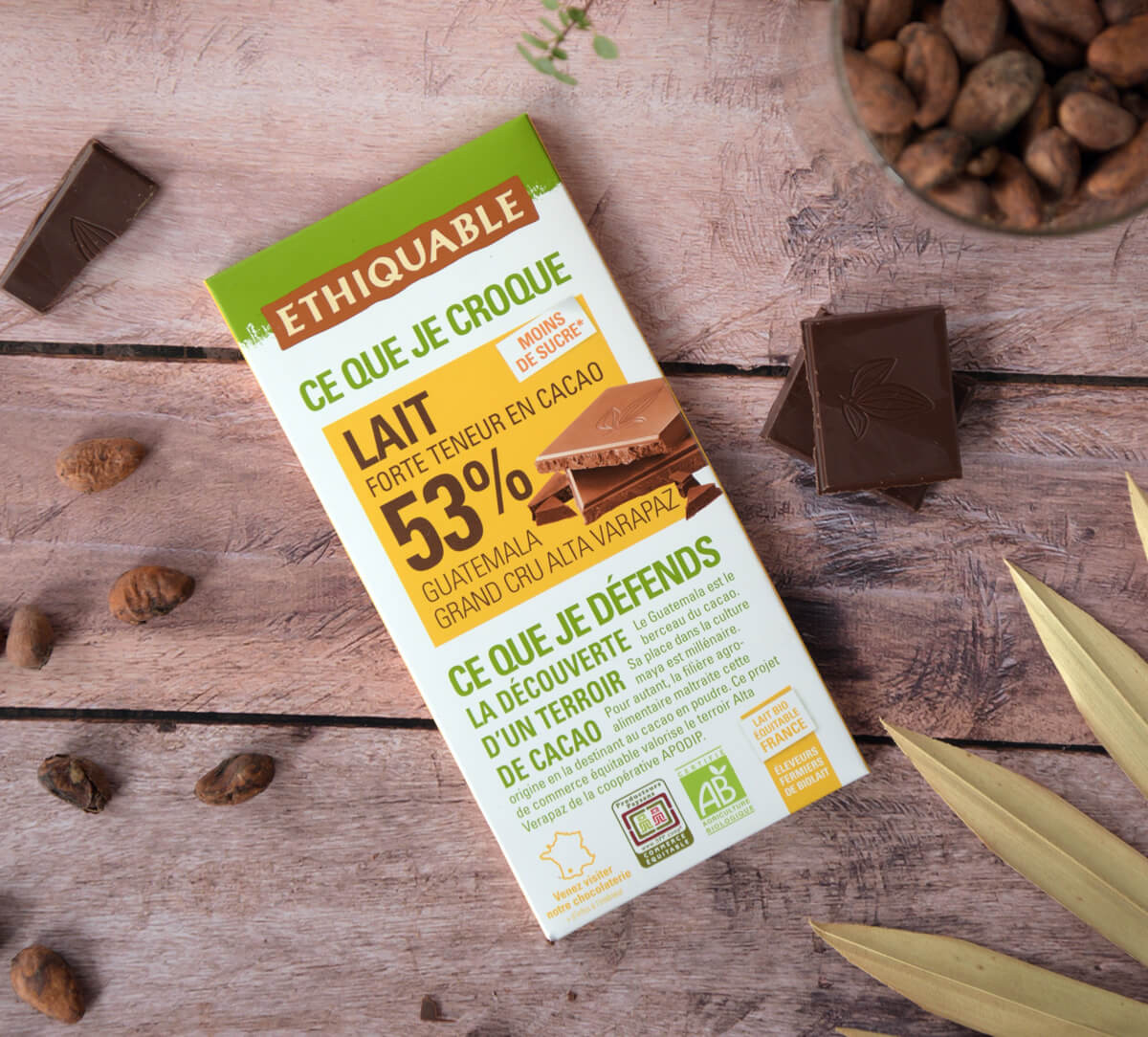 Ethiquable - Chocolat lait bio 53% cacao Guatemala issu du Commerce Equitable