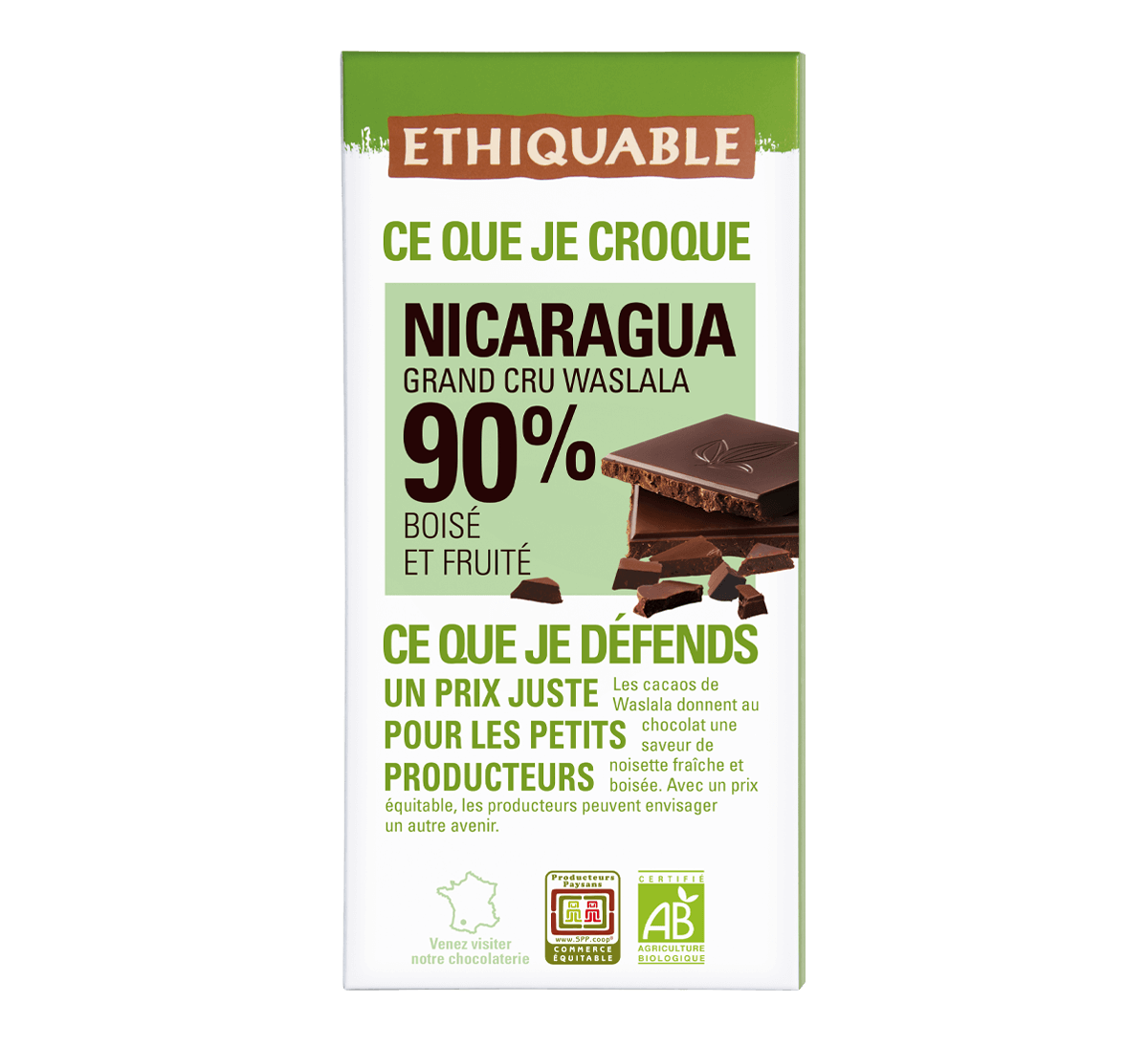 Ethiquable - Chocolat noir 90% de cacao bio du Guatemala issu du Commerce équitable. Tablette fabriquée dans le Gers.