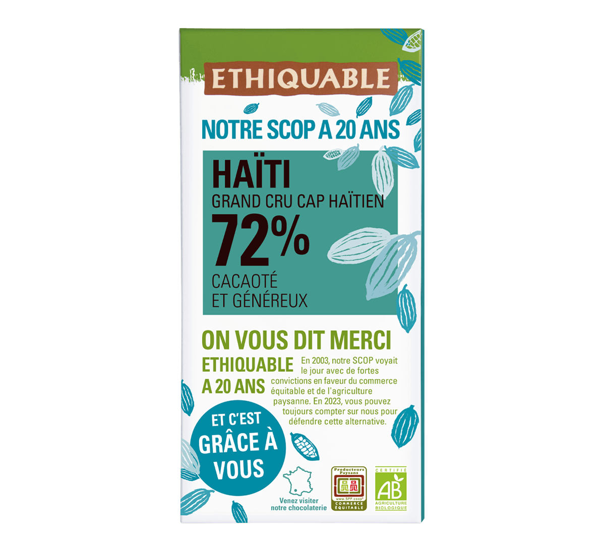 Ethiquable - Chocolat noir 72% de cacao d'Haïti. Tablette fabriquée dans le Gers.