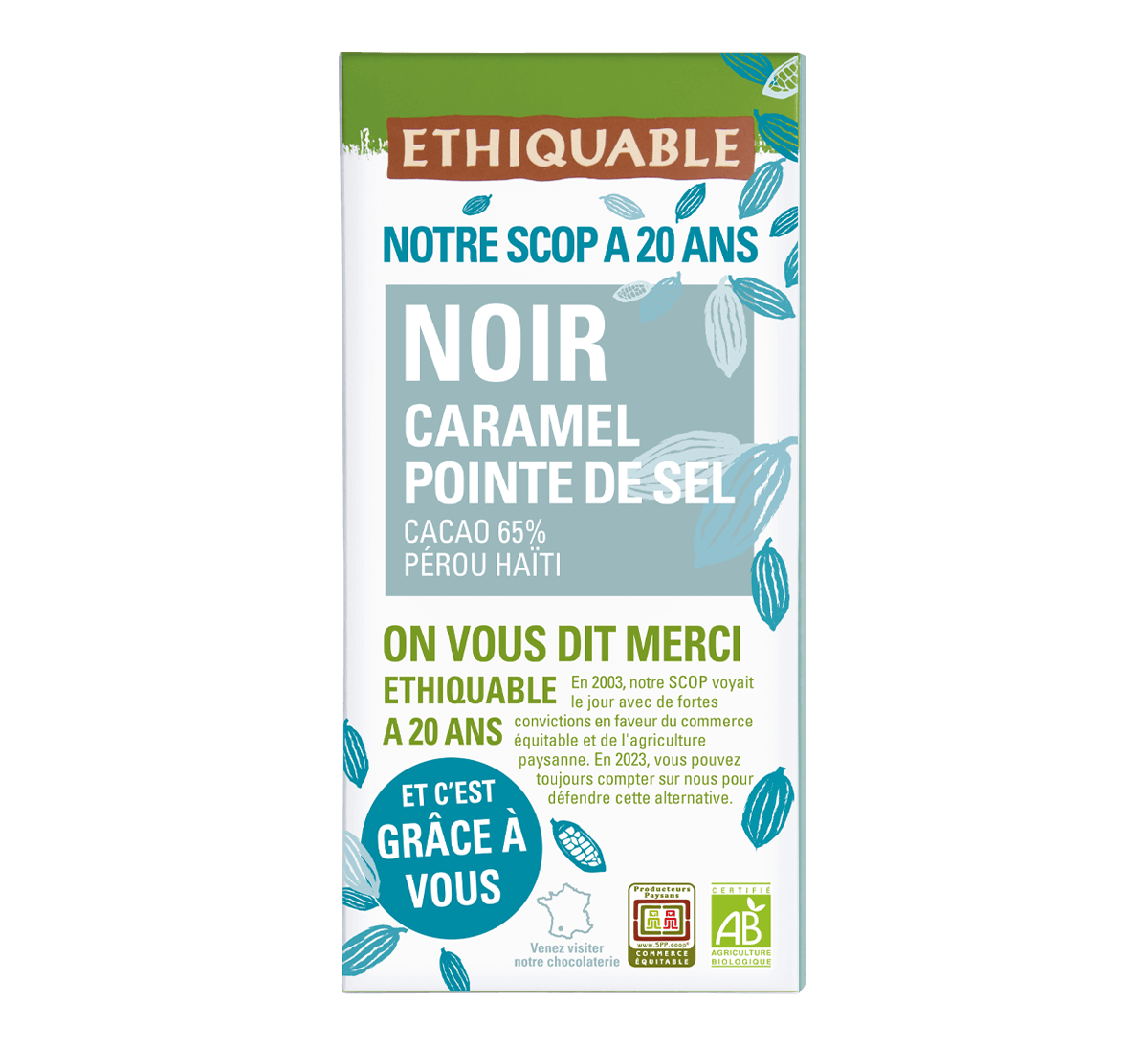 Ethiquable - Chocolat noir bio Caramel Pointe de sel issu du Commerce Equitable fabriqué dans le Gers