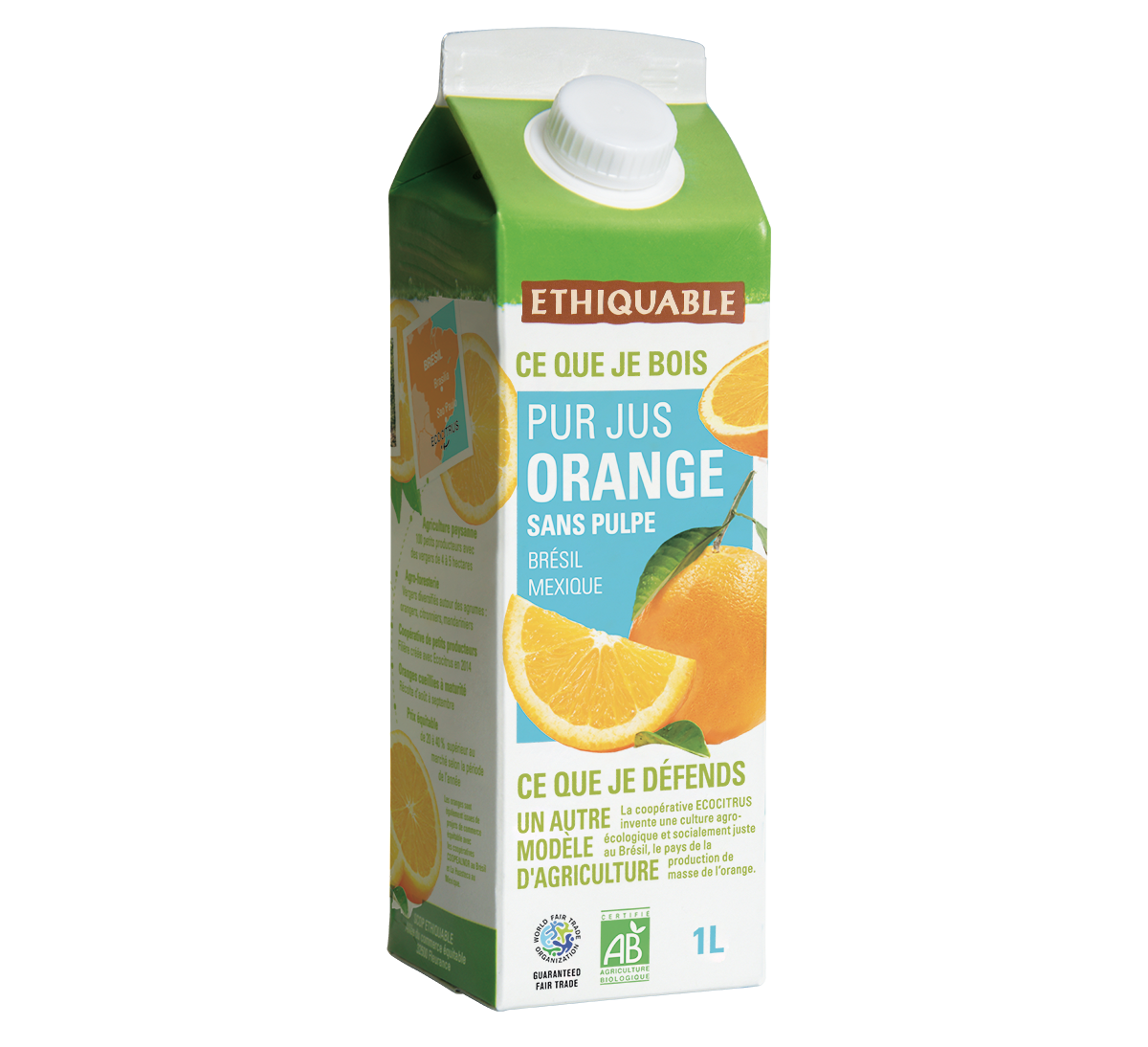 Pur jus orange bio du Brésil issu du commerce équitable, sans pulpe.