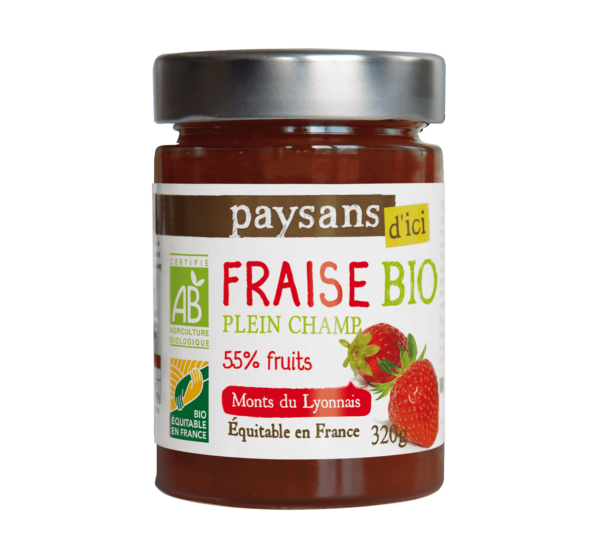 Paysans d'Ici - Confiture de fraises plein champ bio des Monts Lyonnais bio et équitable. 55% de fruits