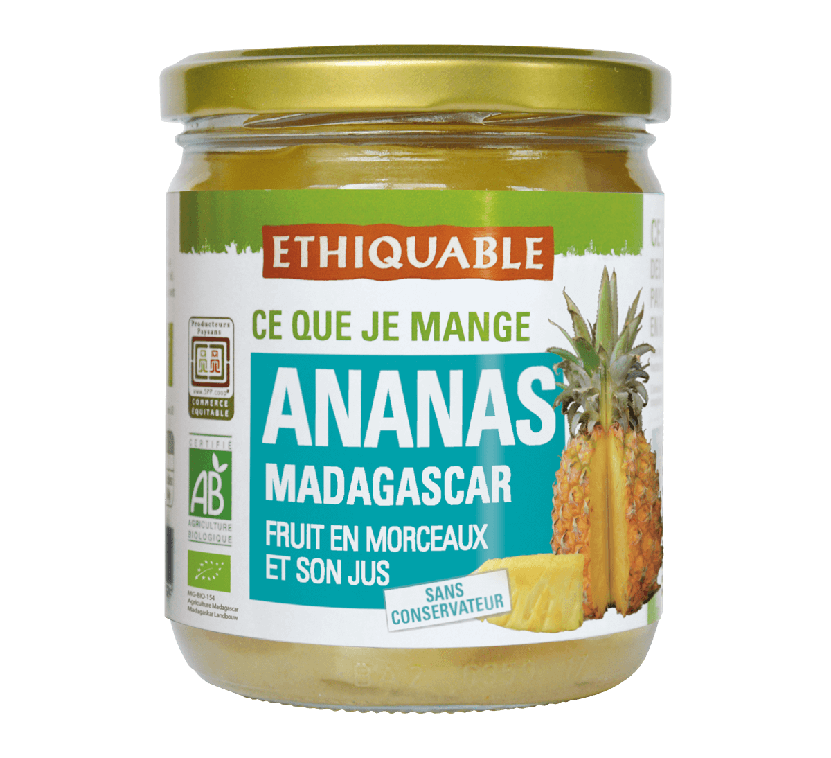 Ethiquable I Ananas entier bio de Madagascar et son jus issu du Commerce Equitable, en bocal