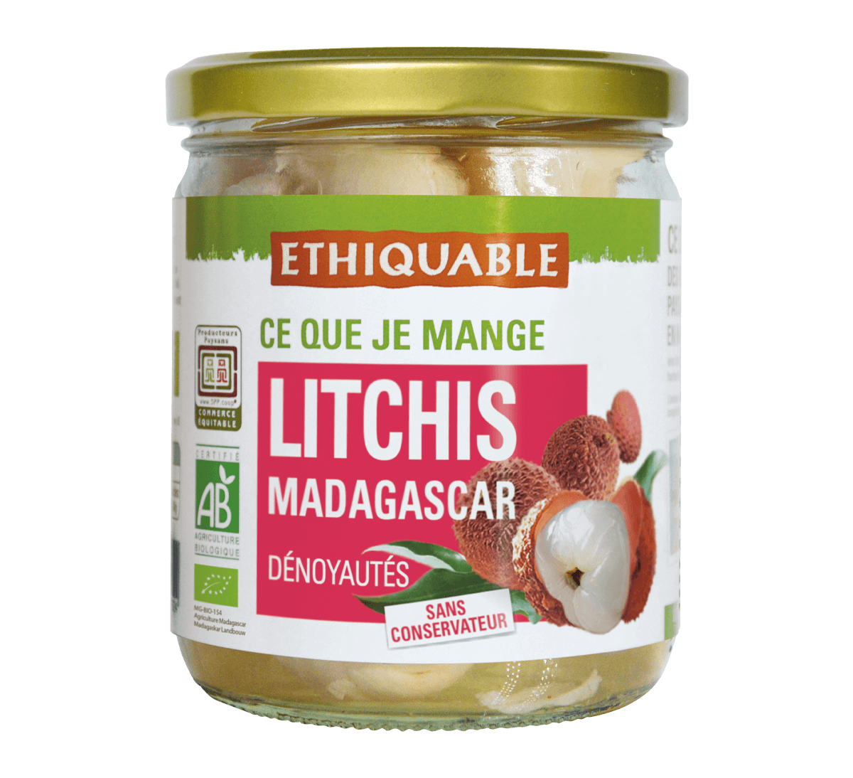 Ethiquable - bocal conserve en verre de litchis frais de Madagascar équitable et bio, au jus d'ananas frais