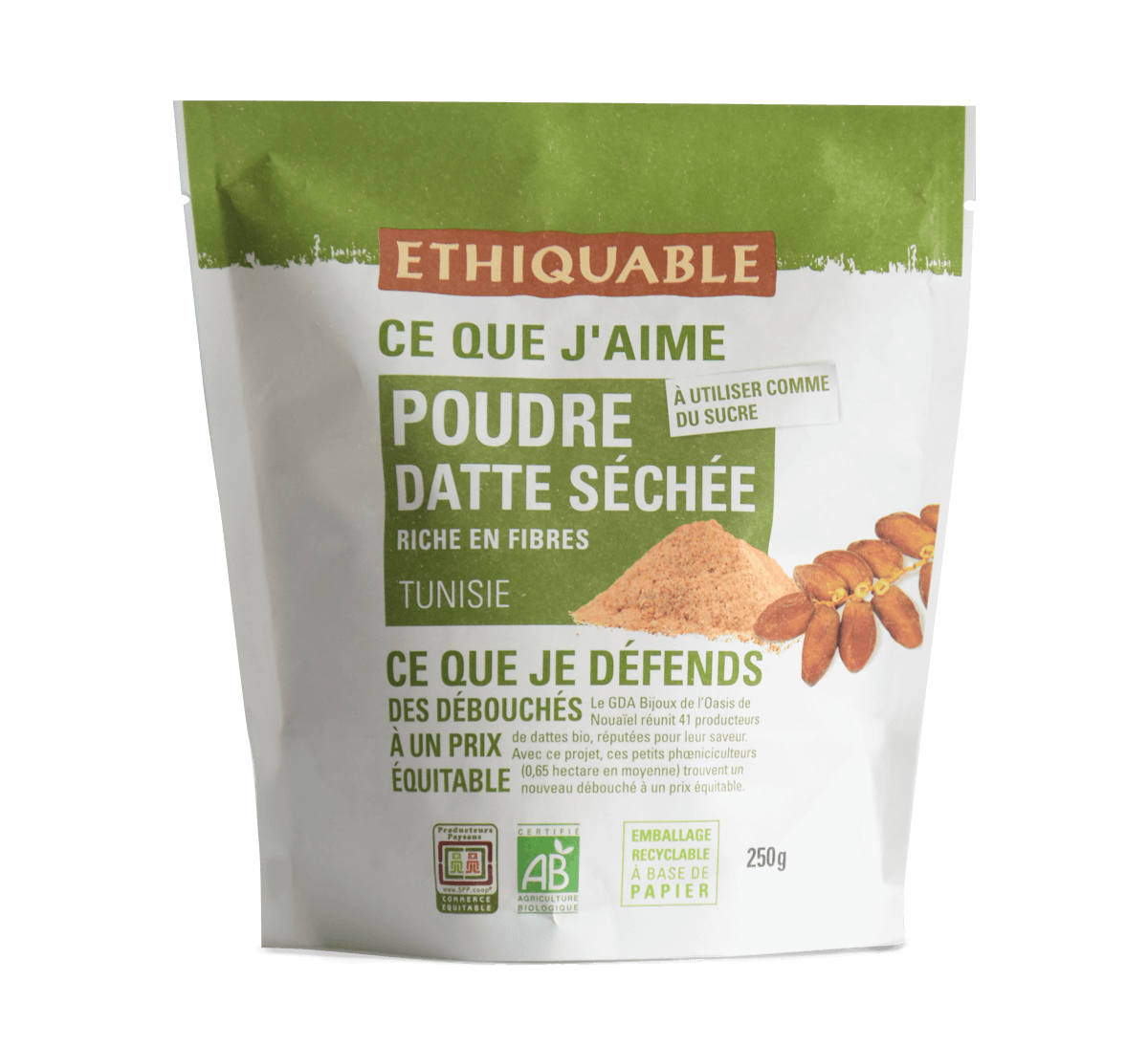 Ethiquable - Sucre Datte séchée bio en poudre de Tunisie issue du Commerce Equitable