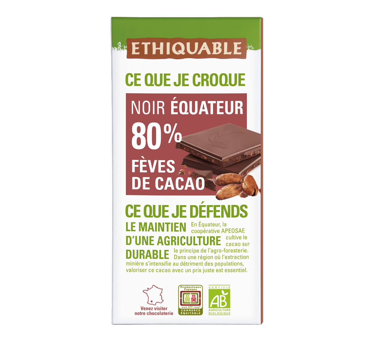 Ethiquable - Chocolat noir 80% de cacao bio aux Fèves de cacao issu du Commerce Equitable