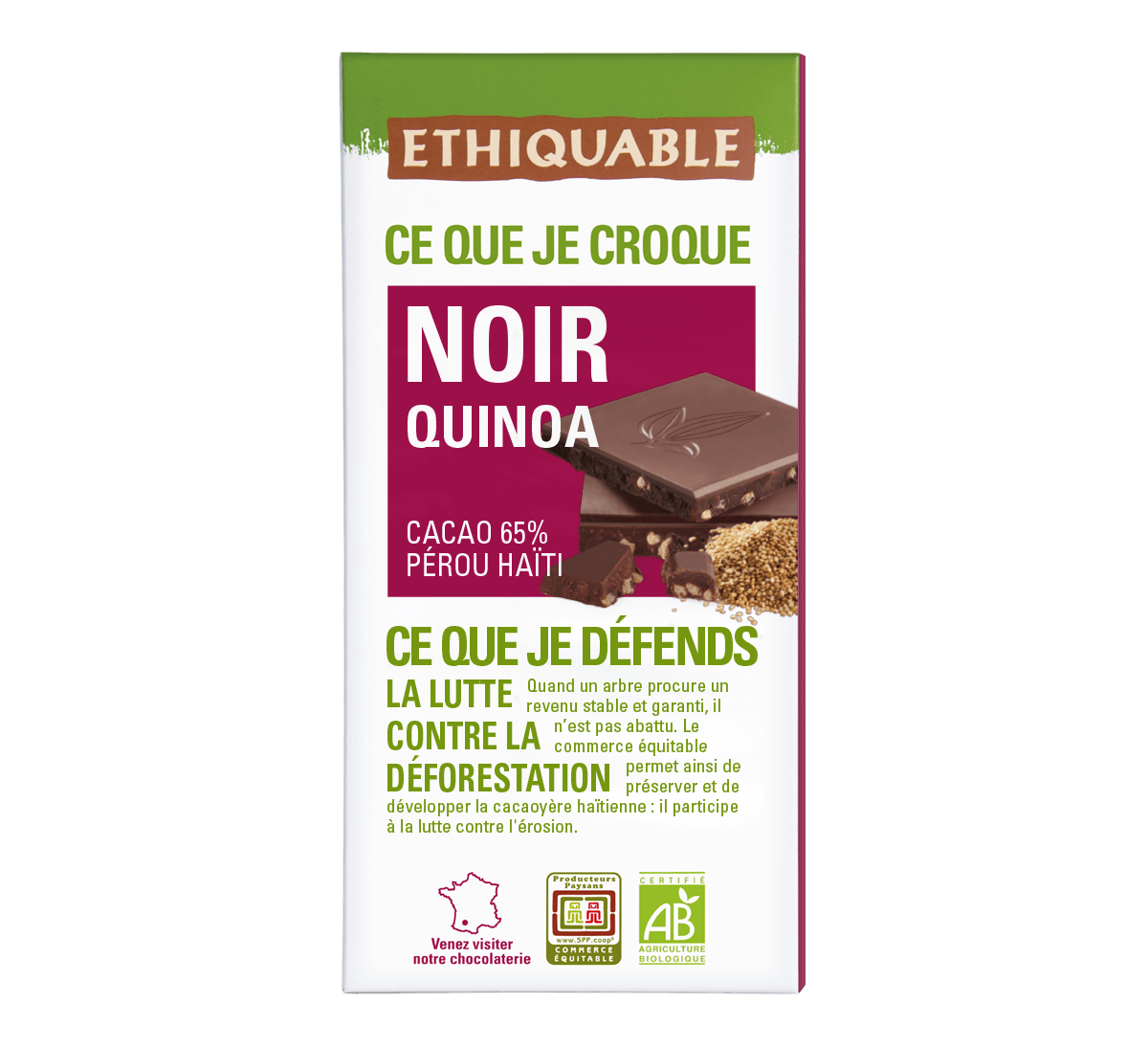 Ethiquable - Chocolat noir bio au Quinoa issu du Commerce Equitable. Tablette fabriquée dans le Gers.