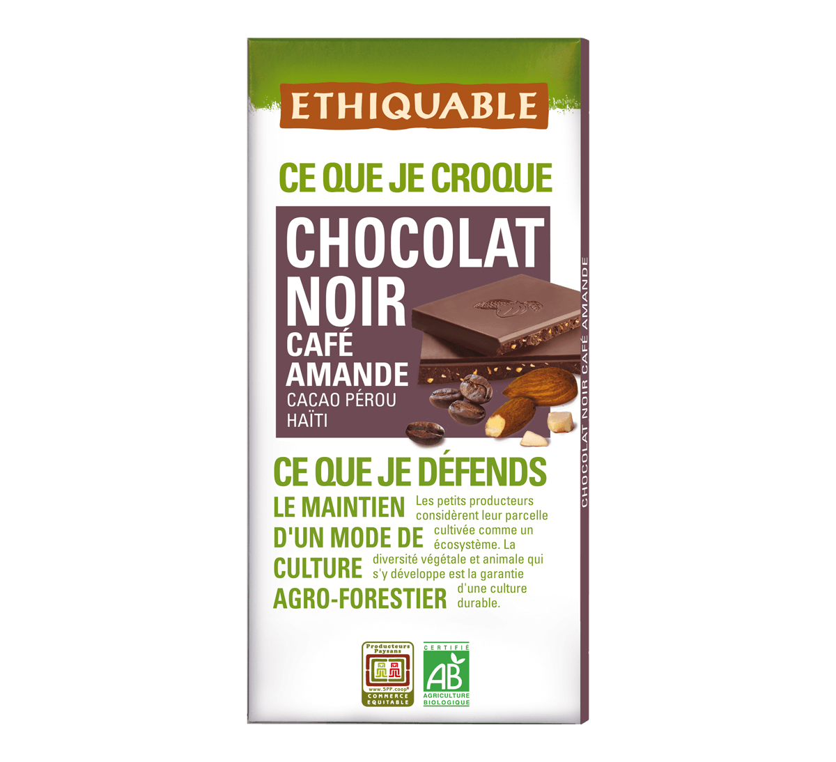 Ethiquable - Chocolat noir bio Café et Amande issu du Commerce Equitable. Tablette fabriquée dans le Gers.