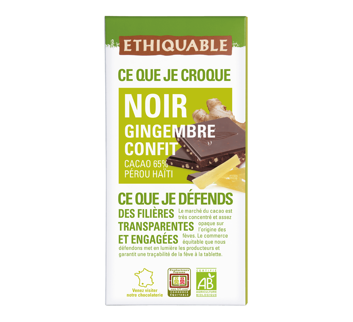Ethiquable - Chocolat noir bio au Gingembre confit issu du Commerce Equitable. Fabriqué dans le Gers