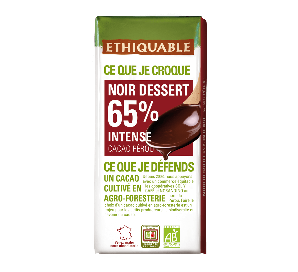 Ethiquable - Chocolat noir dessert 65% intense bio et issu du Commerce Equitable. Tablette fabriquée dans le Gers