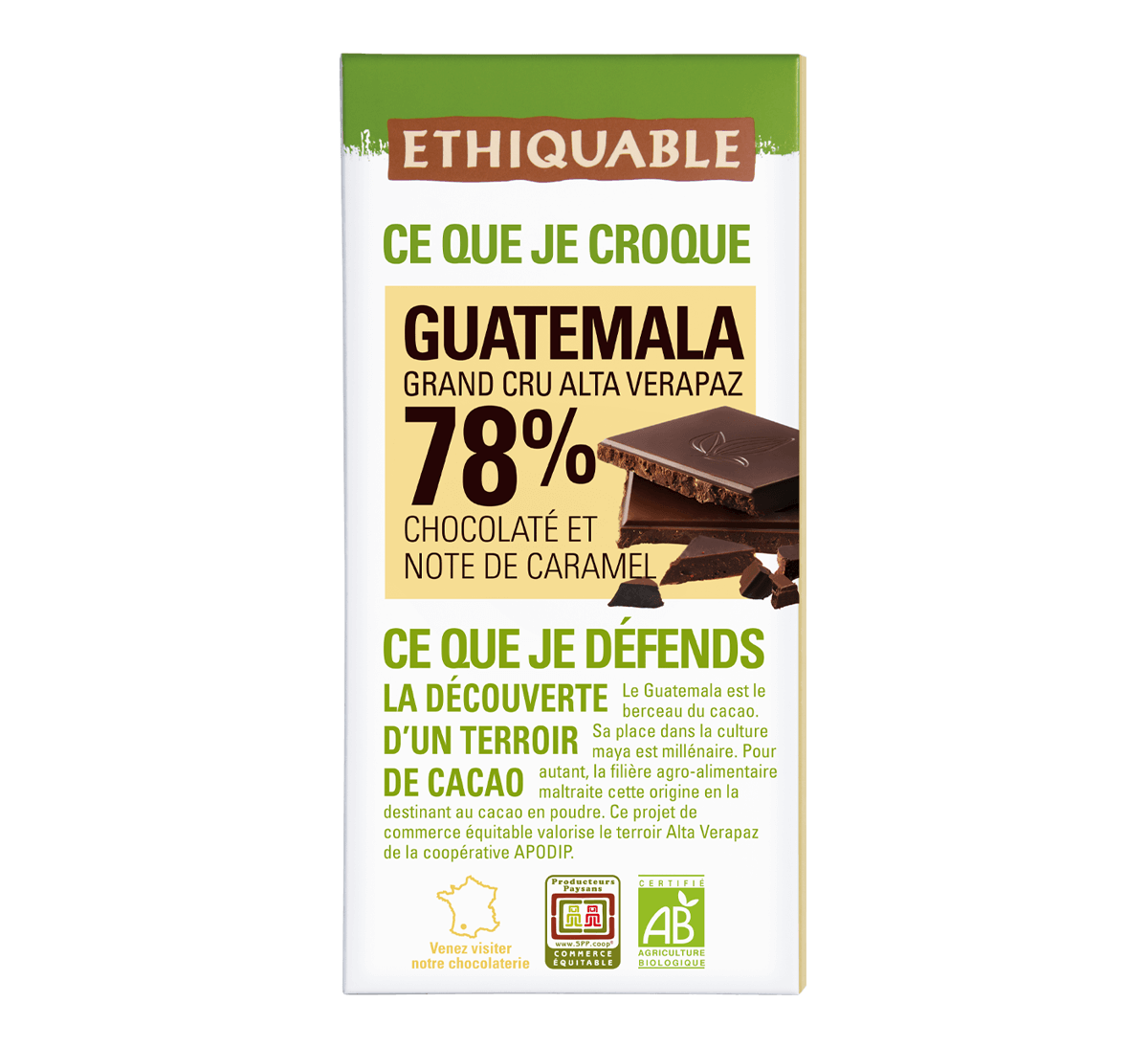 Ethiquable - Chocolat noir 78% de cacao bio du Guatemala issu du Commerce équitable. Tablette fabriquée dans le Gers.