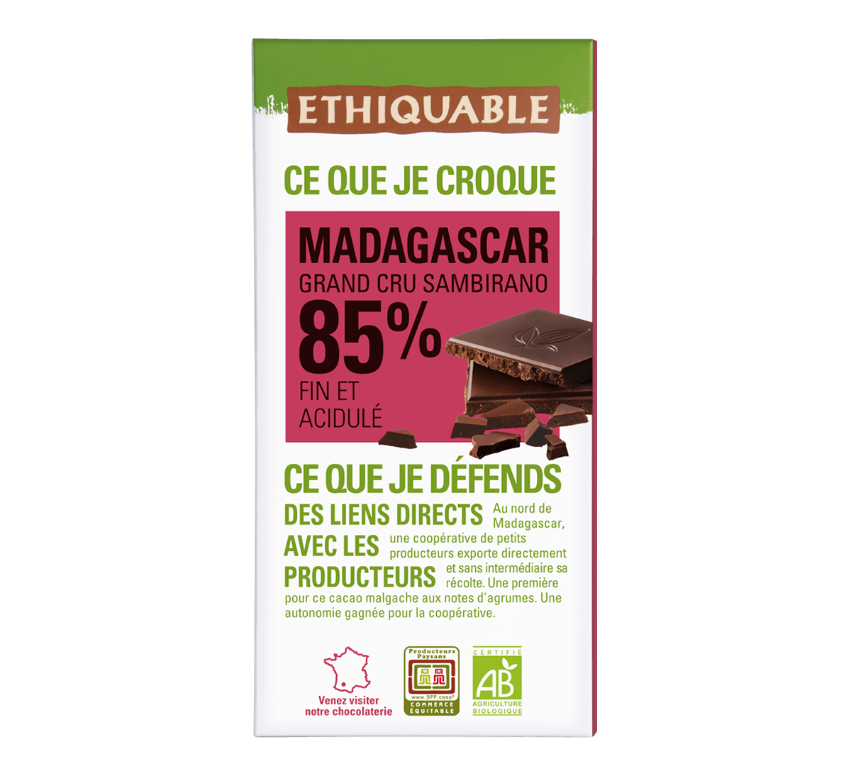 Ethiquable - Chocolat noir bio 85% de cacao de Madagascar issu du Commerce Equitable. Tablette fabriquée dans le Gers
