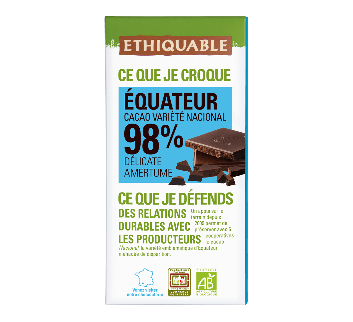 Ethiquable - Chocolat noir bio 98% Équateur issu du Commerce Equitable. Tablette fabriquée dans le Gers