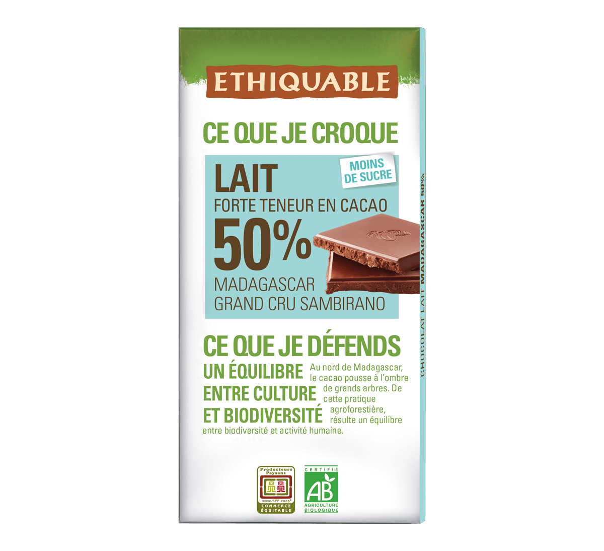 Tablette chocolat au lait 50% de cacao bio et équitable de Madagascar. Grand cru Sambirano