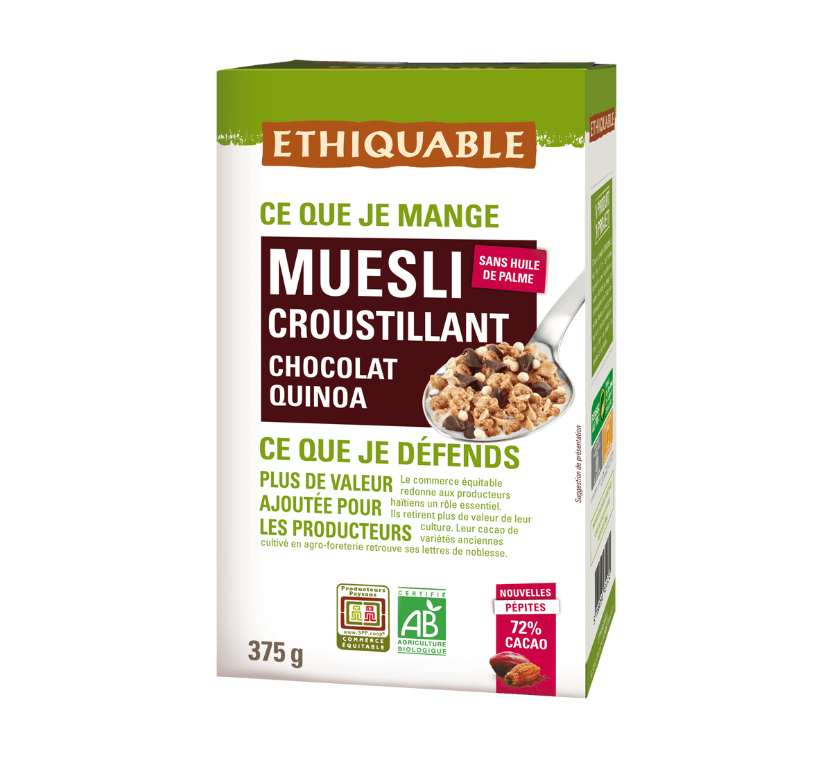 Céréale Muesli croustillant Chocolat noir et quinoa équitable et bio, petit déjeuner